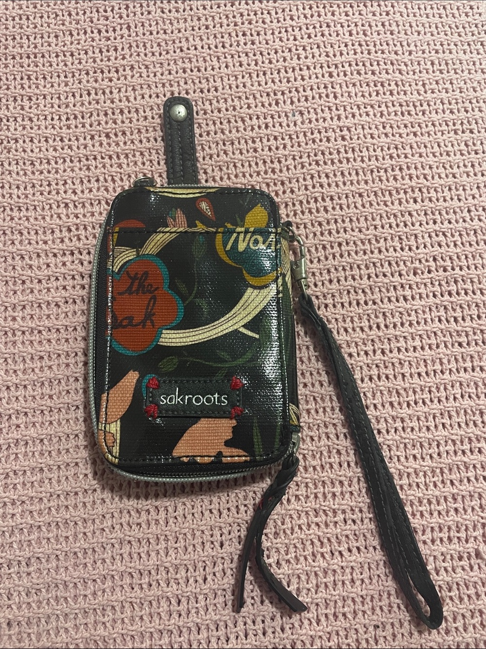 Sakroots Black Floral Wristlet Phone Pouch with Strap